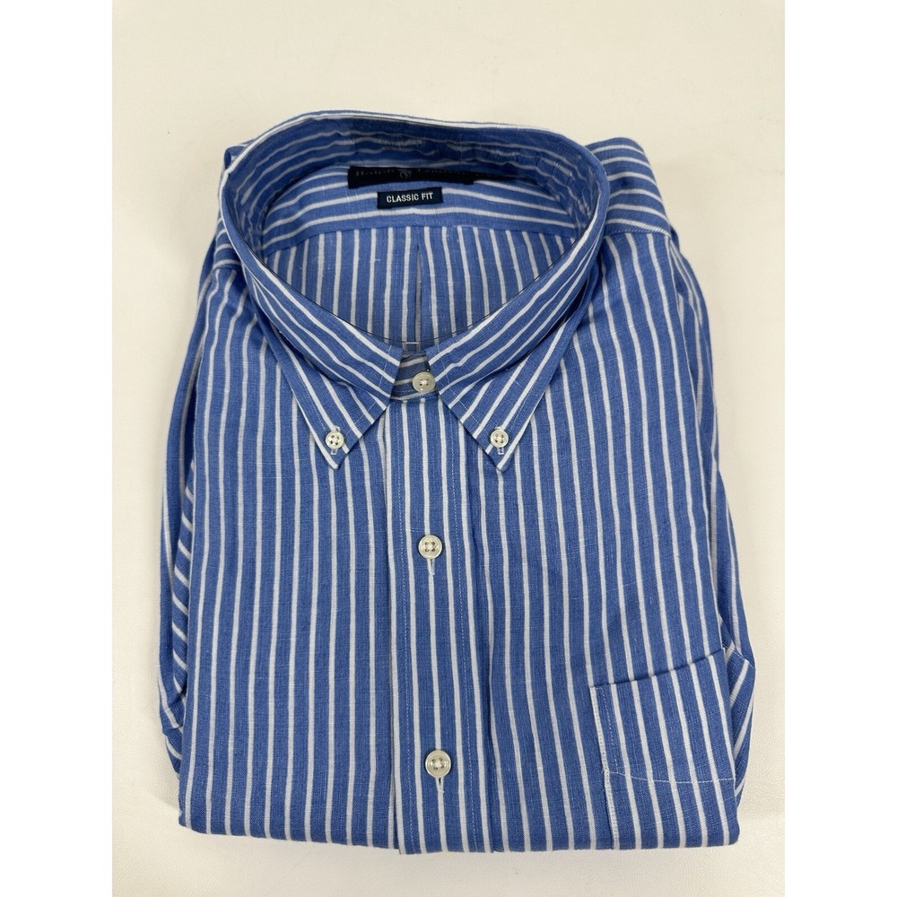 Ralph Lauren Linen Dress Shirt  Size XXL  Long‎ Sleeve Striped Men's Blue NWT